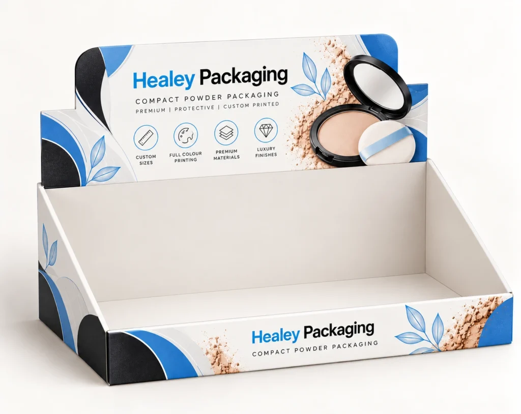 Open cardboard compact powder display box with branded header and white interior.
