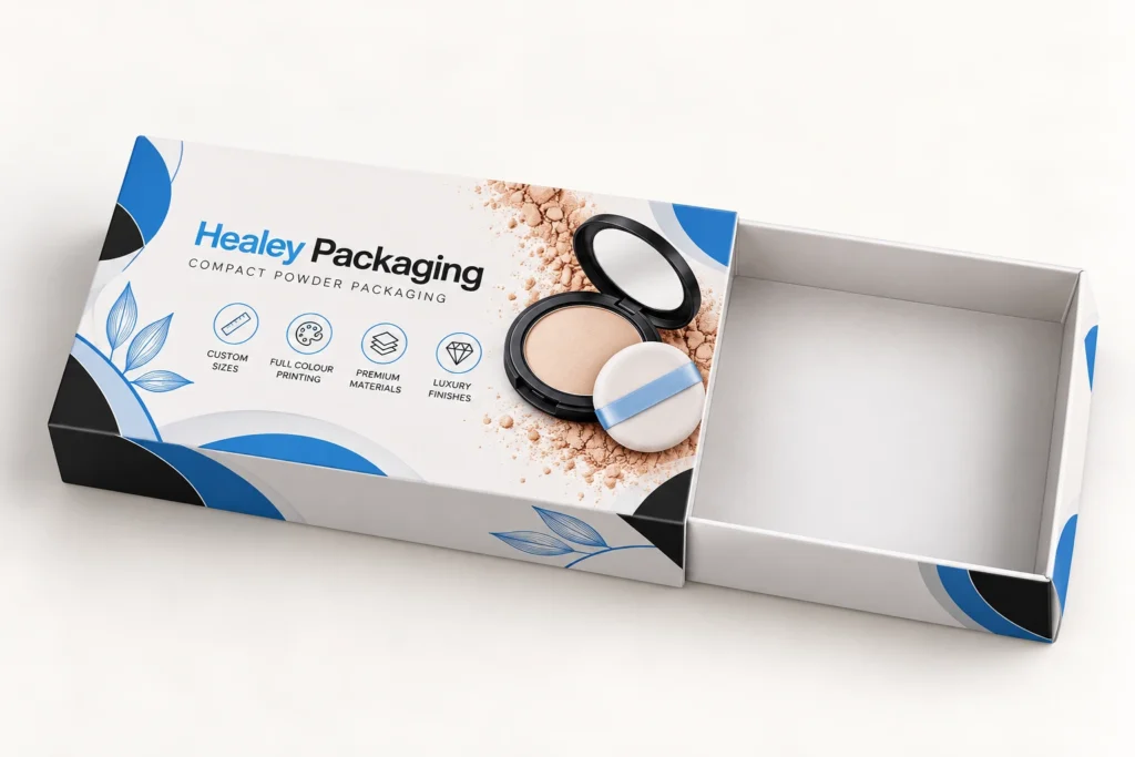 Custom compact powder sleeve packaging with a sliding tray and printed cosmetic design.