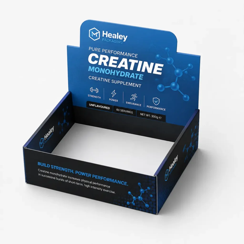 Custom creatine counter display box with blue branding