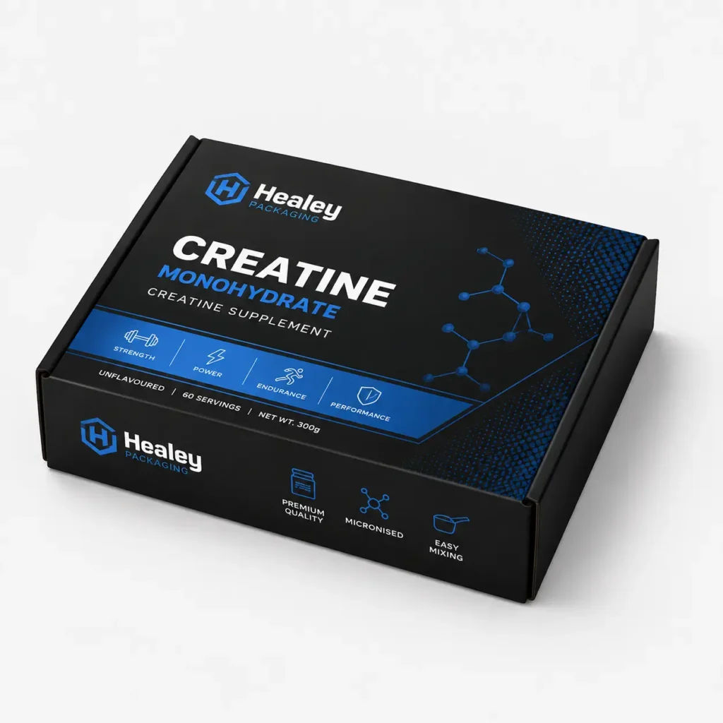 Black printed creatine mailer box with blue graphics