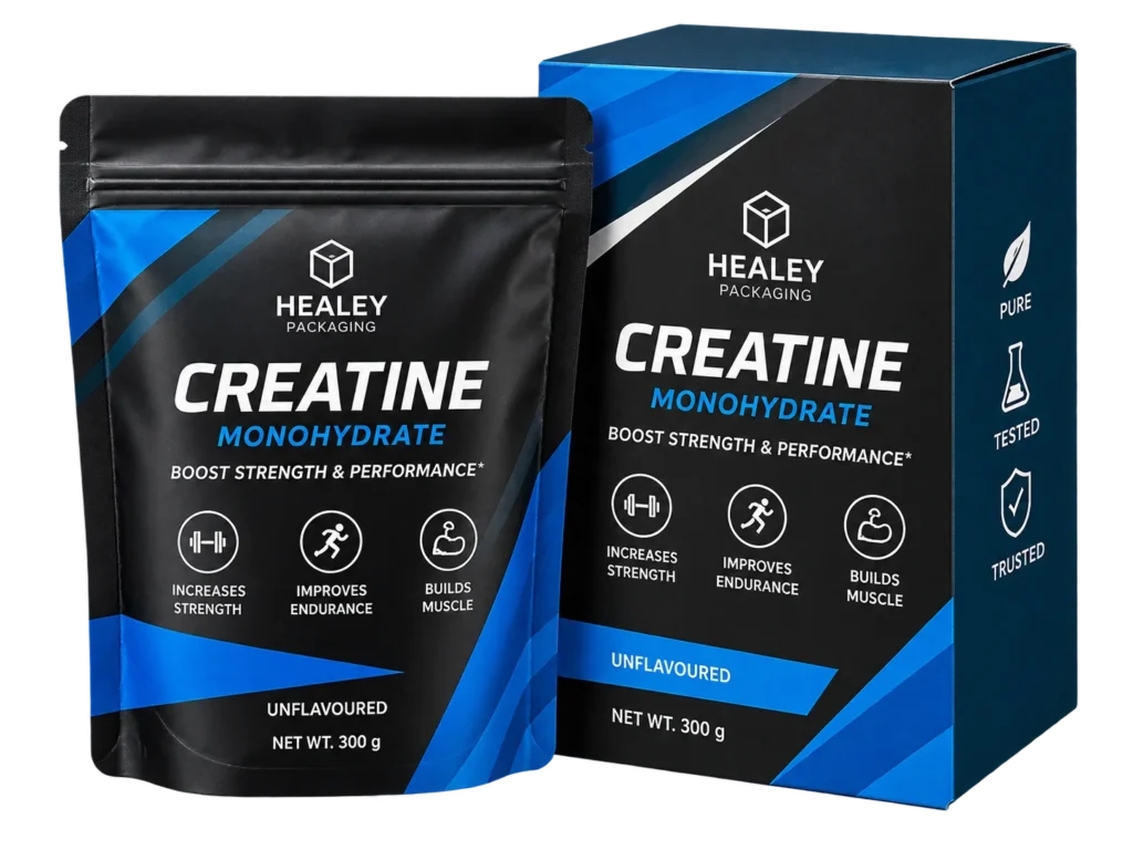 Blue and black creatine powder carton with matching pouch