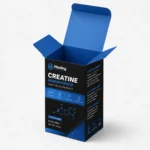 Open creatine packaging carton with blue inner panels