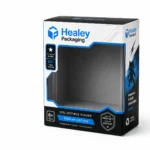 Custom action figure display box with a large clear window and blue and black branding.