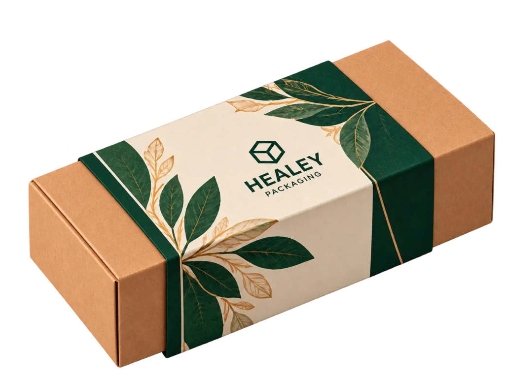 Custom printed paper sleeve wrapped around a rectangular box