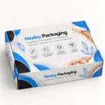 Custom printed compact powder packaging box with blue and white branding.