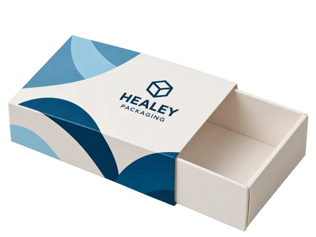 Custom printed drawer box with sliding tray and sleeve