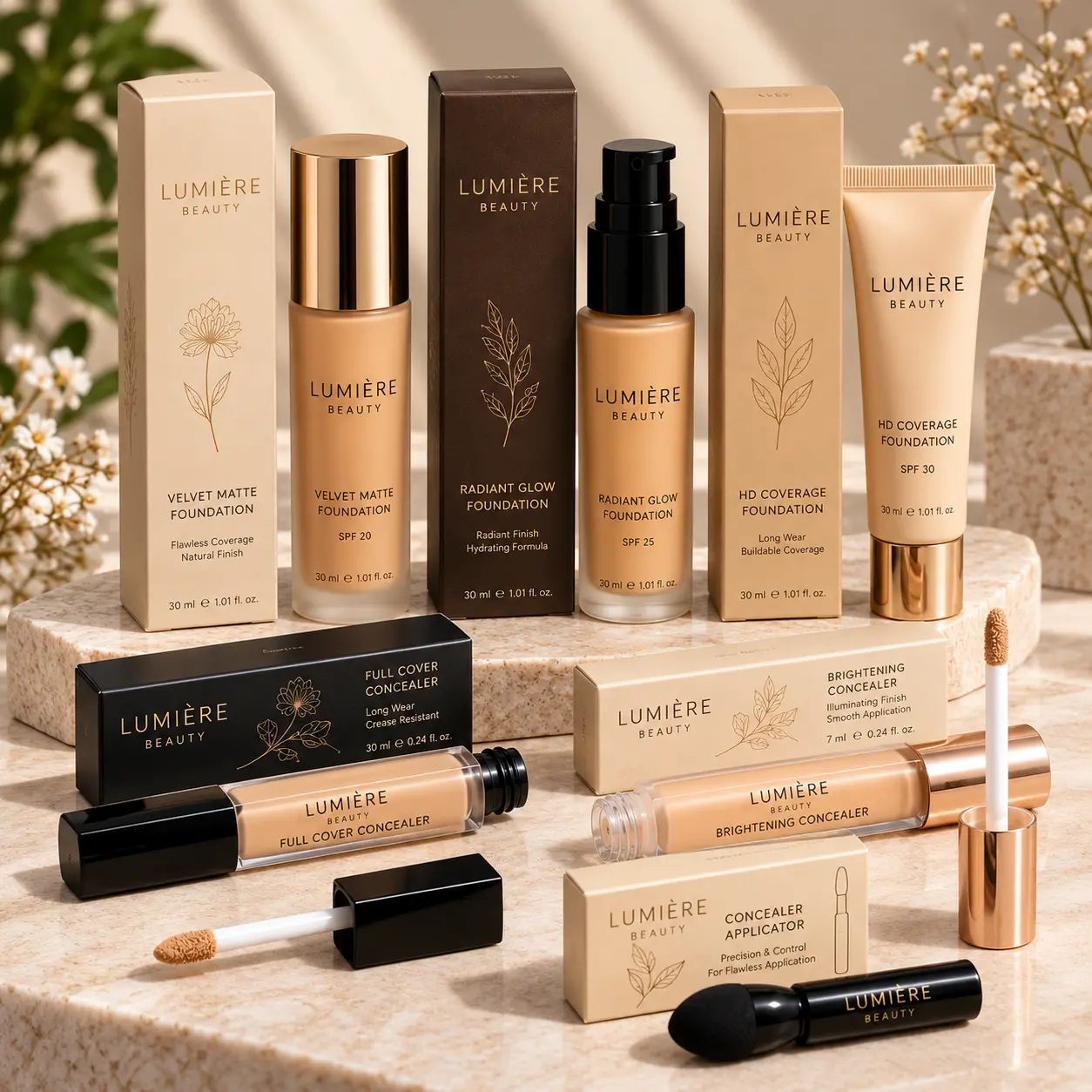 Foundation and concealer packaging for bottles, tubes and applicators