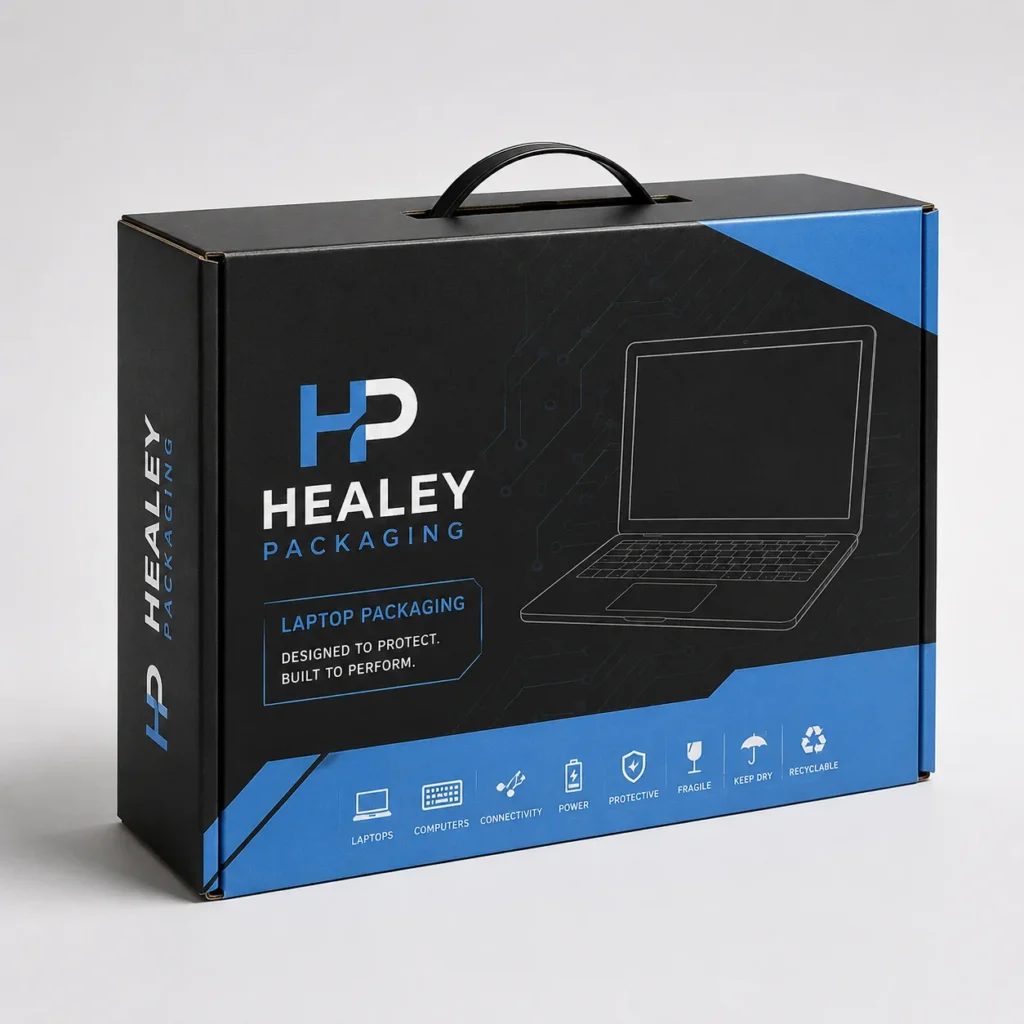 Black and blue printed laptop packaging box with handle