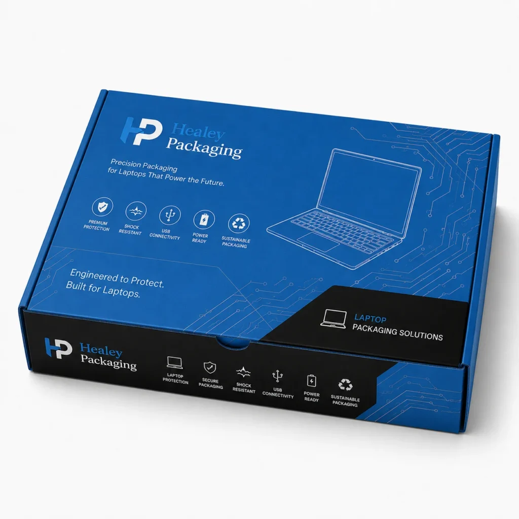 Blue custom laptop mailer box with printed branding