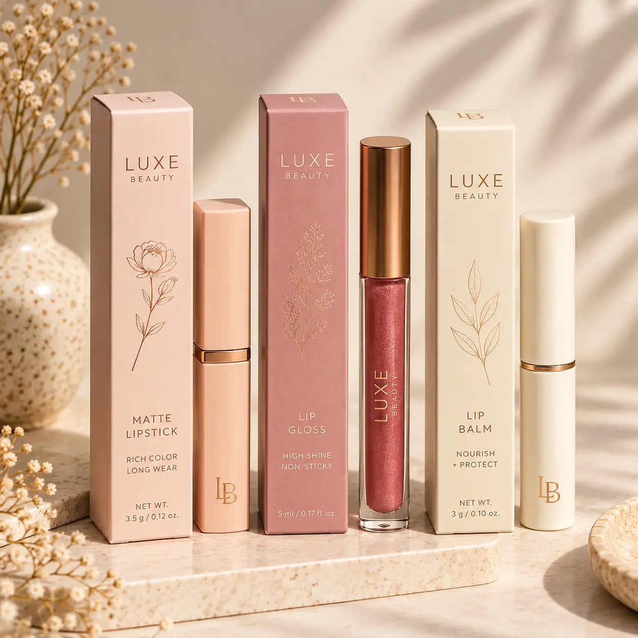 Slim cosmetic boxes for lipstick, lip gloss and lip balm