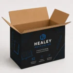 Open corrugated notebook shipping box with black exterior and blue