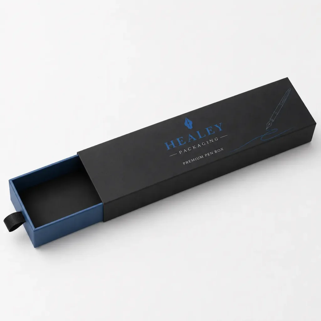 Black and blue custom pen box with sliding drawer, ribbon pull and printed branding.