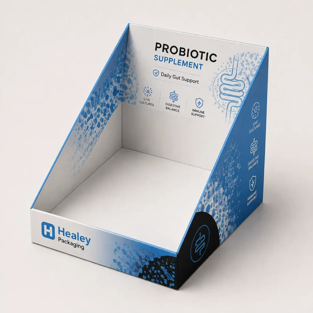Blue and white custom probiotic countertop display box with printed branding.