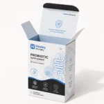 Open white probiotic supplement carton with blue graphics and tuck-top closure.