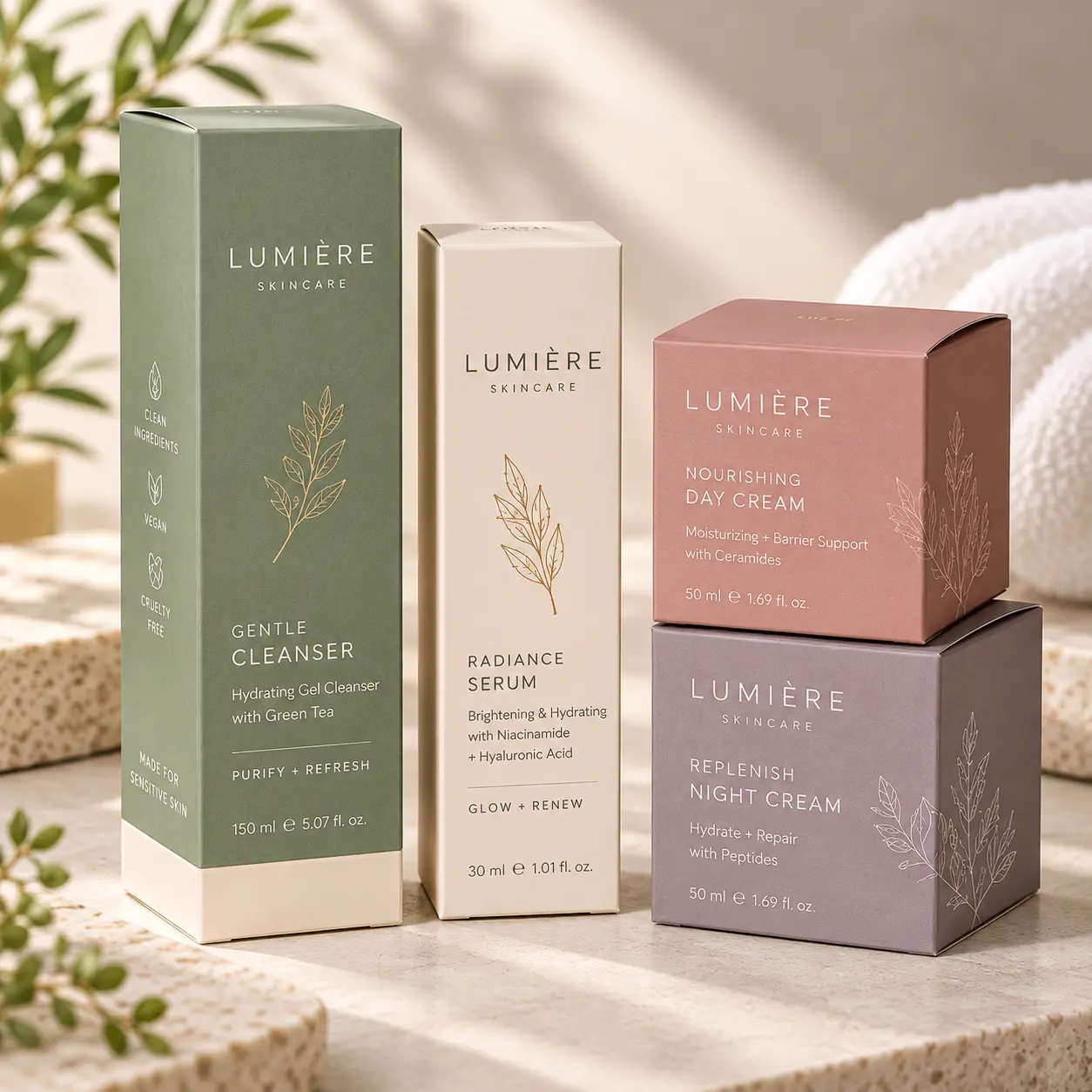 Skincare packaging boxes for serum bottles, creams and cleansers
