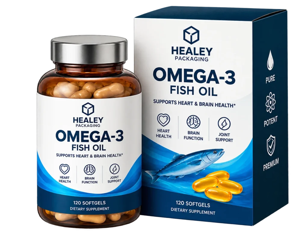 Custom omega-3 fish oil packaging box with supplement bottle