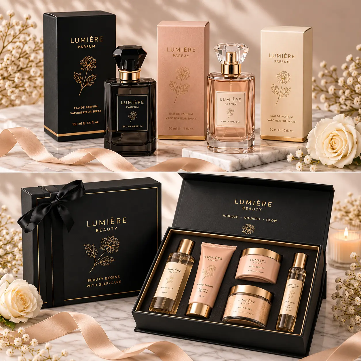 Luxury cosmetic packaging for fragrance bottles and beauty gift sets