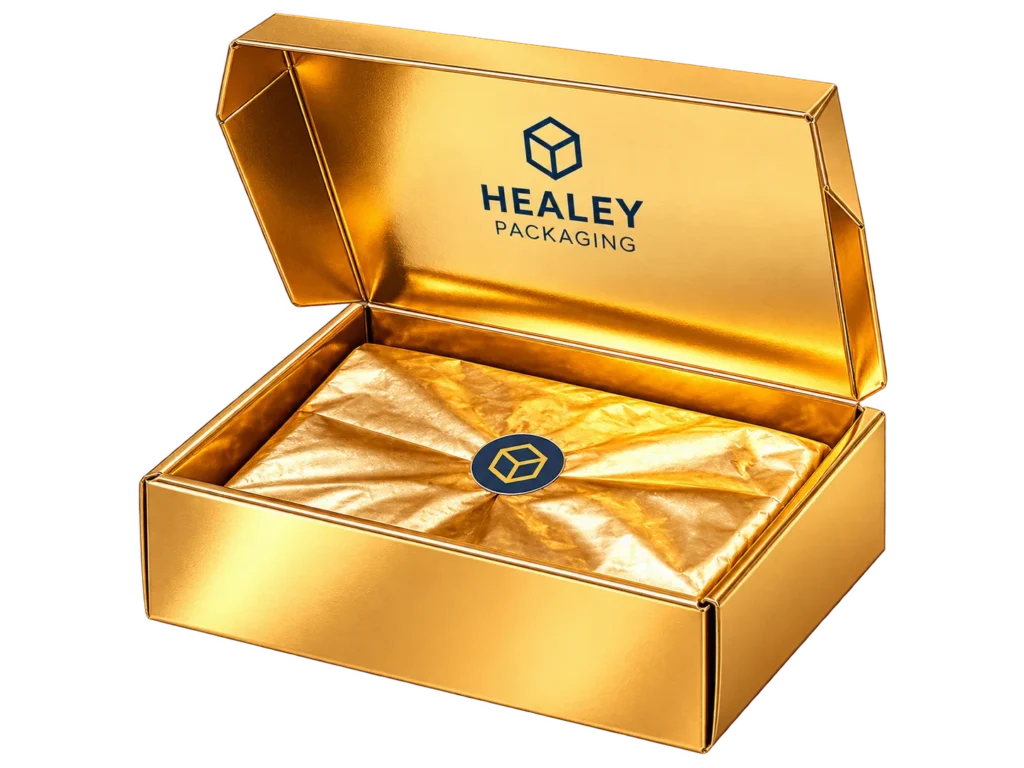 Open gold foil gift box with premium metallic finish