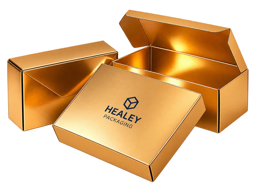 Gold foil packaging boxes with premium metallic finish