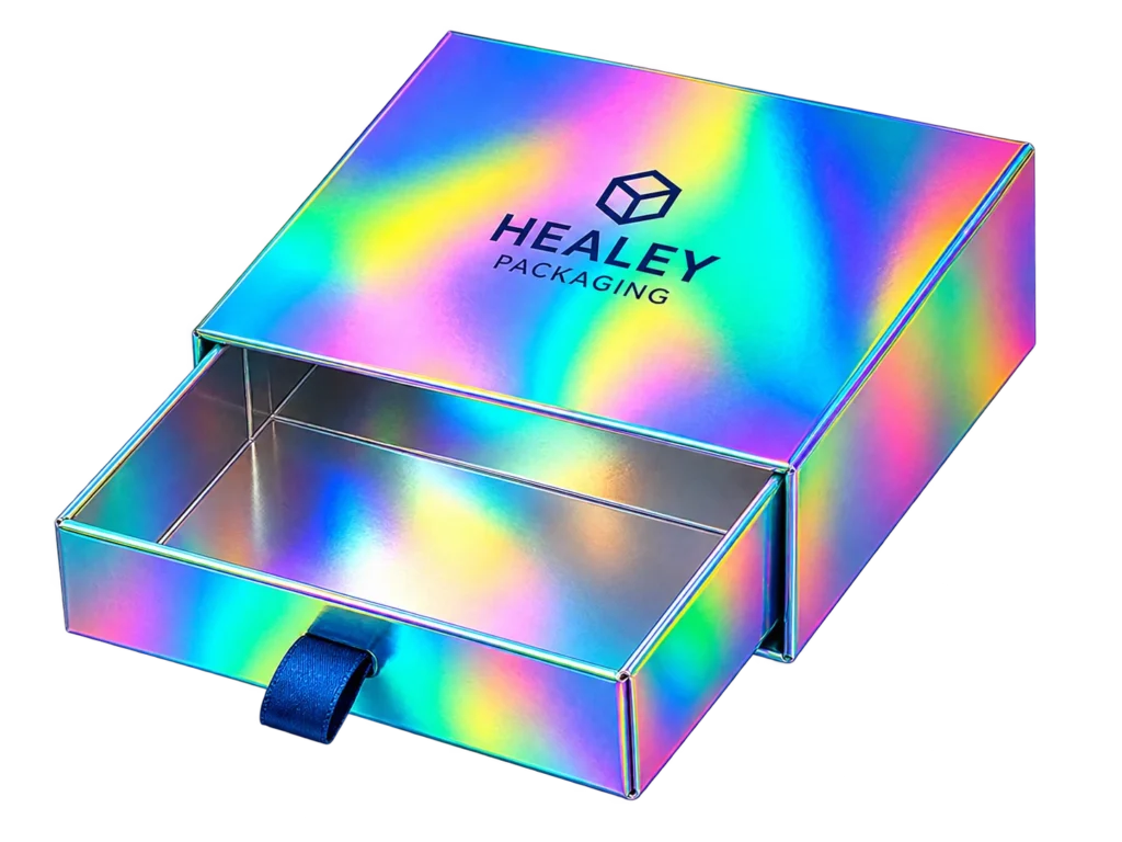 Holographic foil drawer box with pull ribbon and sliding tray