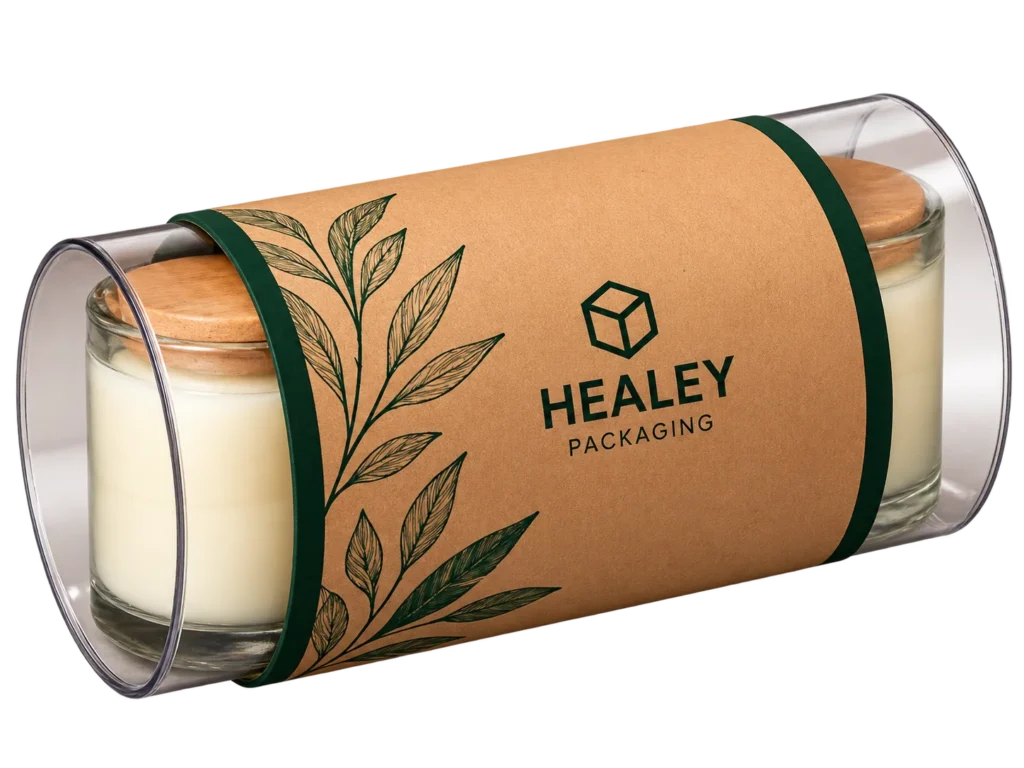 Printed kraft packaging sleeve wrapped around candle containers