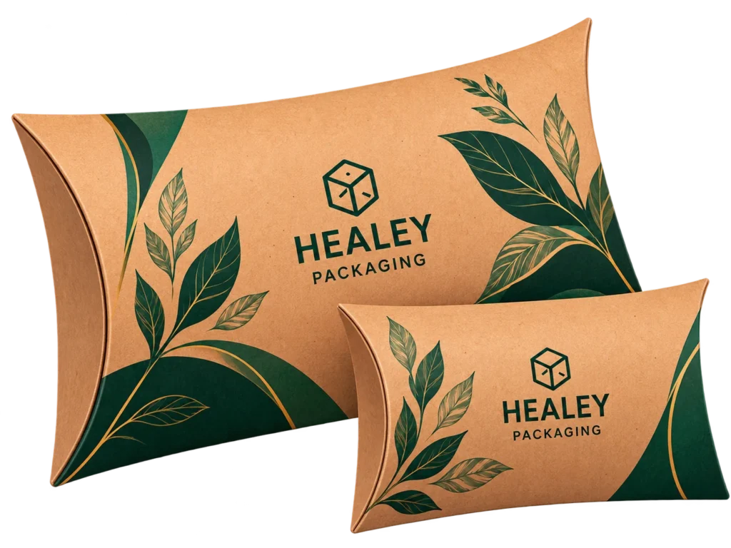 Kraft paper pillow boxes with custom botanical printing