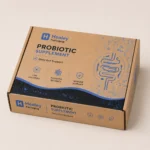 Brown kraft probiotic packaging box with blue printed branding and mailer-style closure.