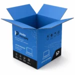 Open corrugated laptop shipping box with branded print