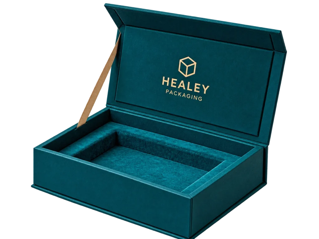 Luxury hinged rigid box with padded insert and ribbon