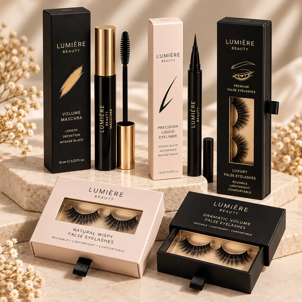 Packaging boxes for mascara, eyeliner and eyelash products