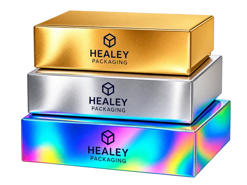 Gold, silver and holographic foil packaging boxes