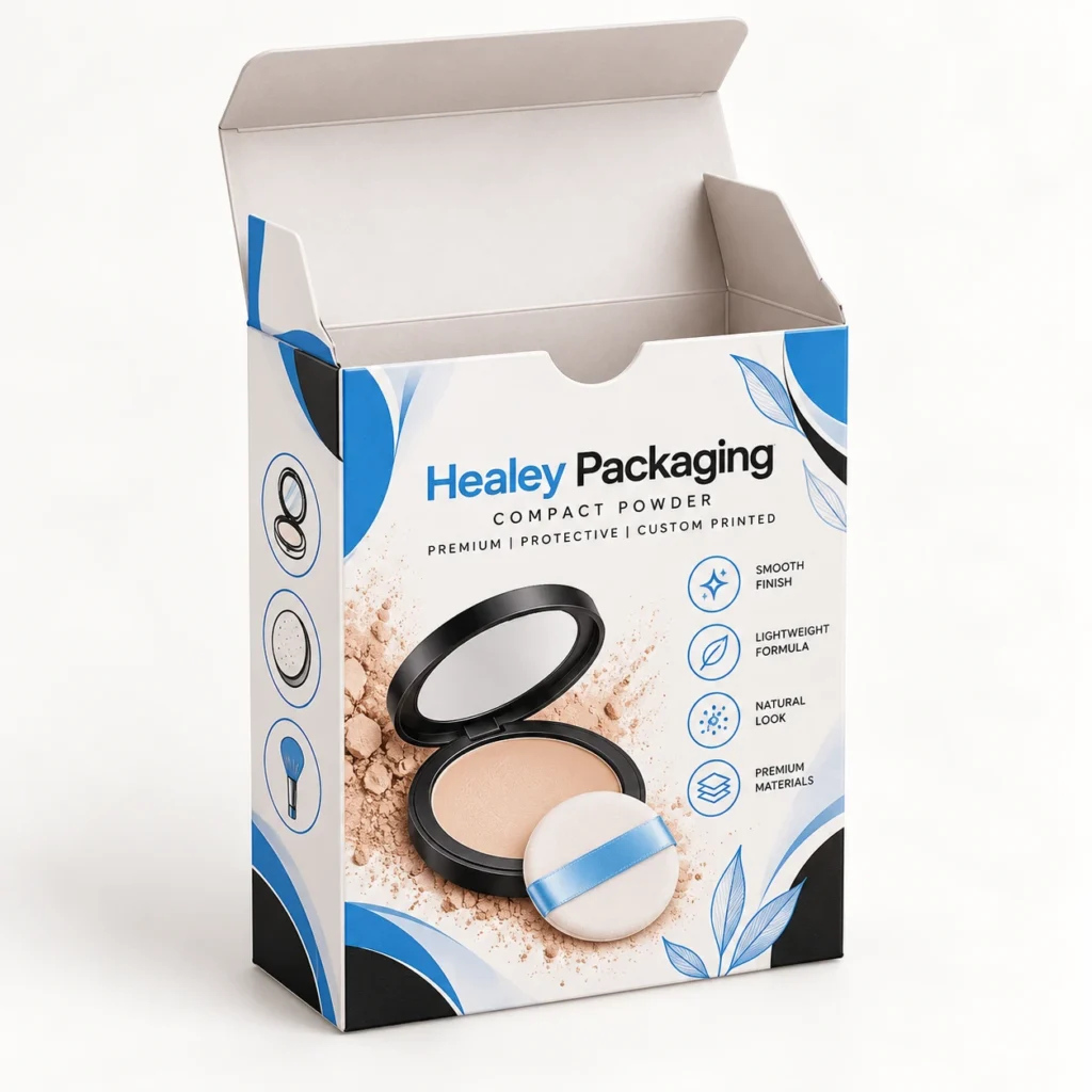 Open cardboard compact powder box with a tuck-in lid and blue and white printed design.