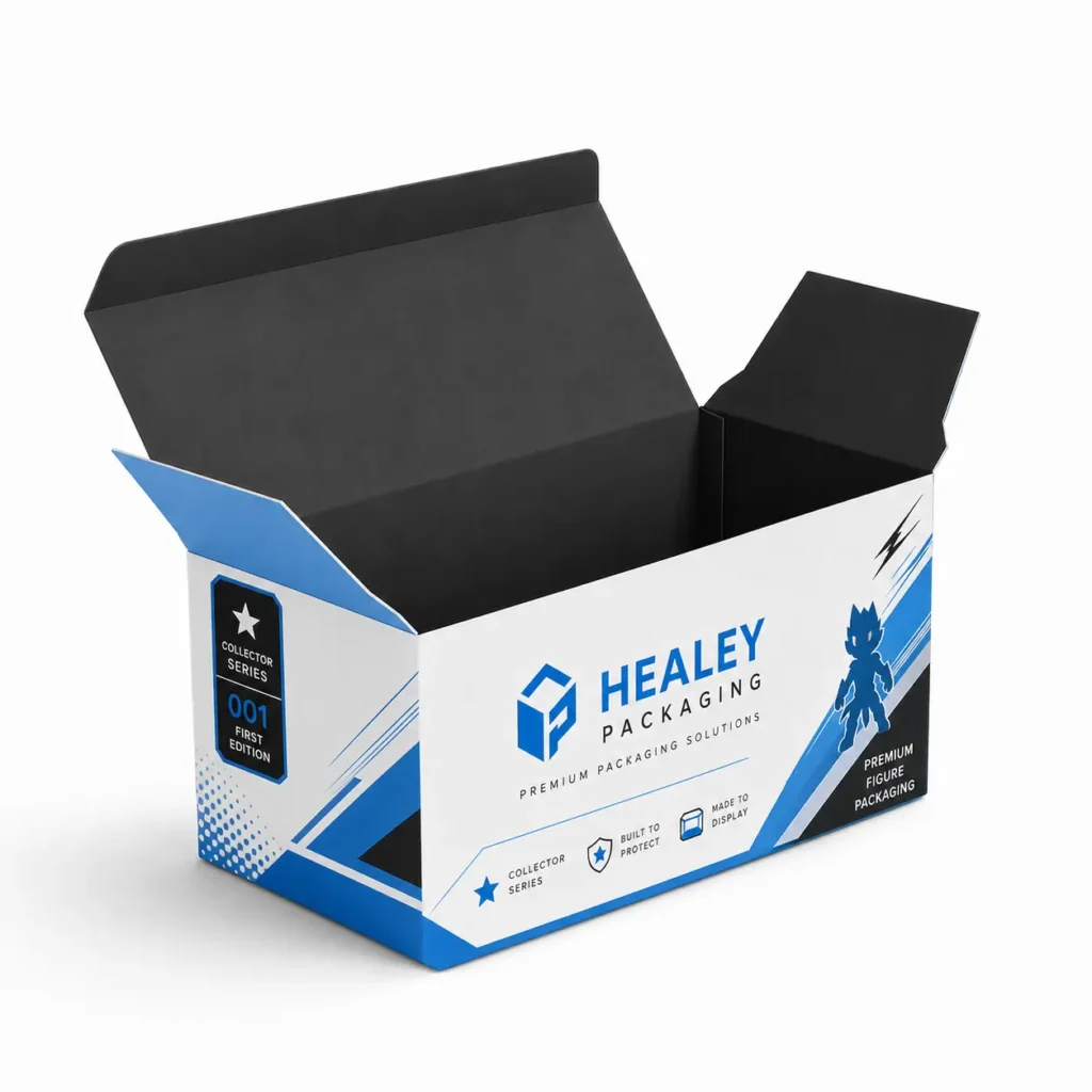 Open custom printed action figure box with black interior and blue and white graphics.
