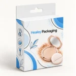 White compact powder packaging box with a hanging tab and printed cosmetic graphics.