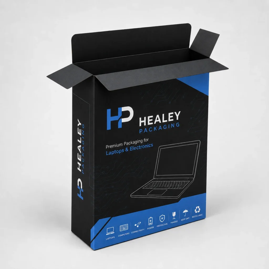 Open black laptop packaging carton with blue detailing