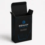Black notebook packaging carton with open tuck-top flaps and blue printed graphics.