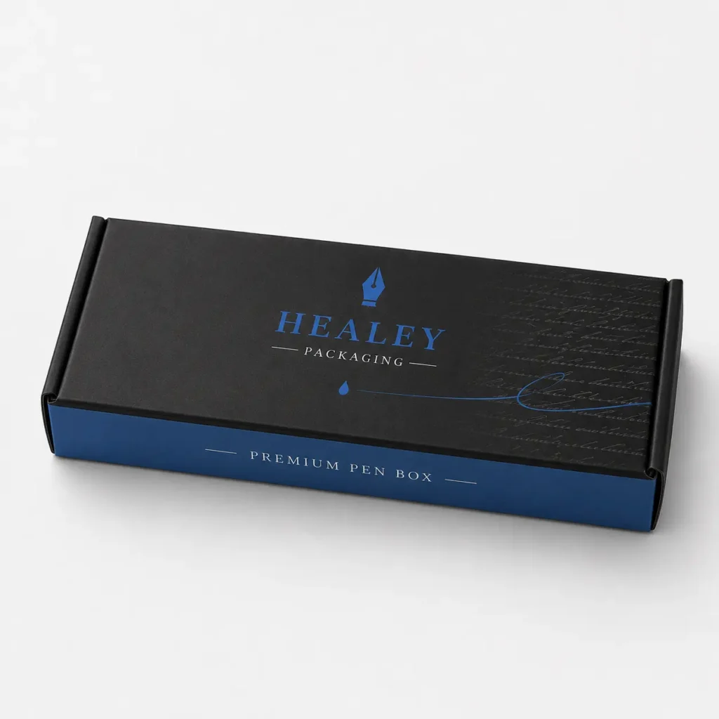 Black and blue printed pen packaging box with branded lid and decorative pen nib artwork.