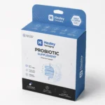 White and blue probiotic supplement box with hanging tab and printed product information.