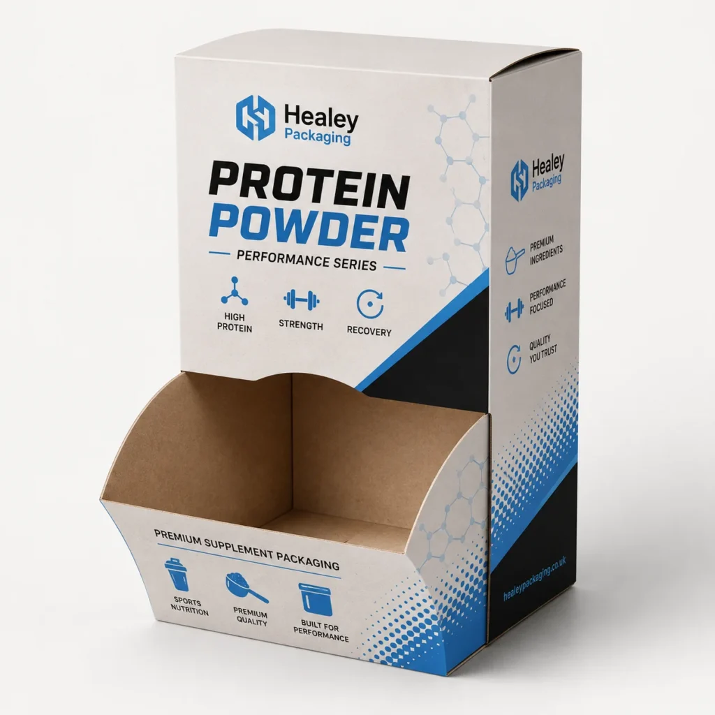 Protein powder display box for retail supplement products