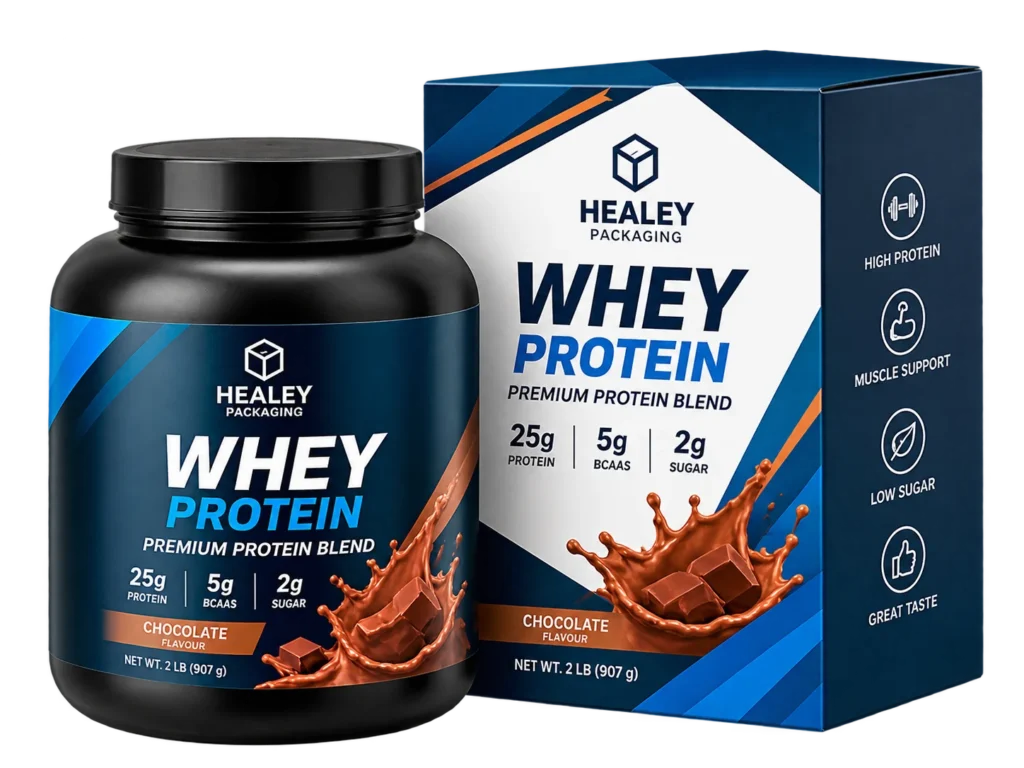 Custom protein powder packaging box for whey supplements