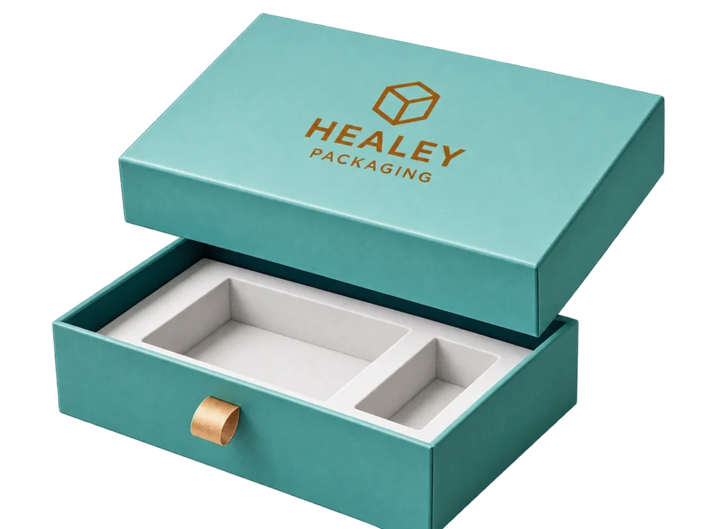 Custom rigid box with fitted insert and ribbon pull