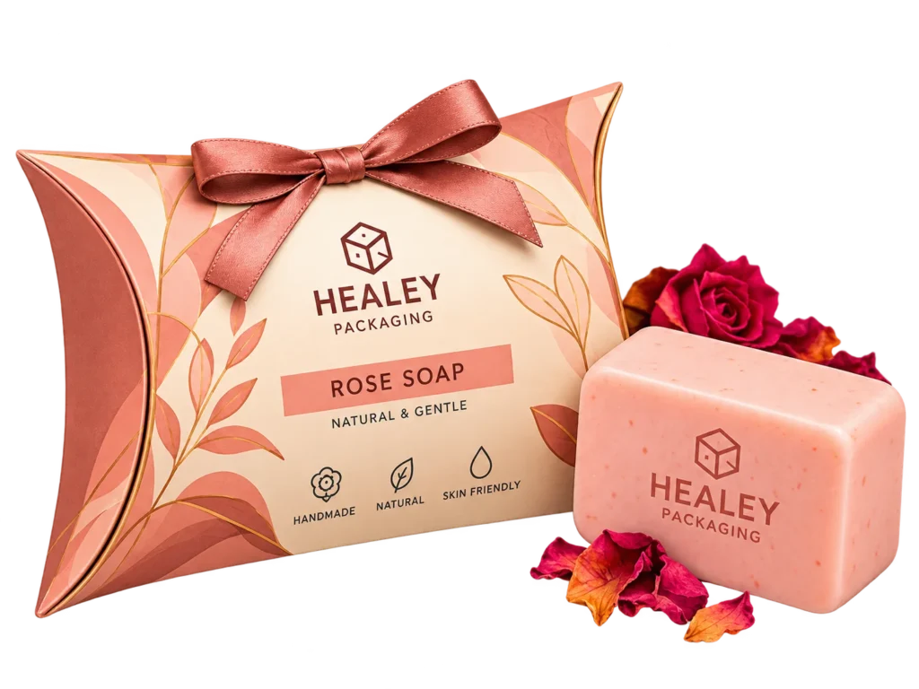 Printed pillow soap box with ribbon for rose soap