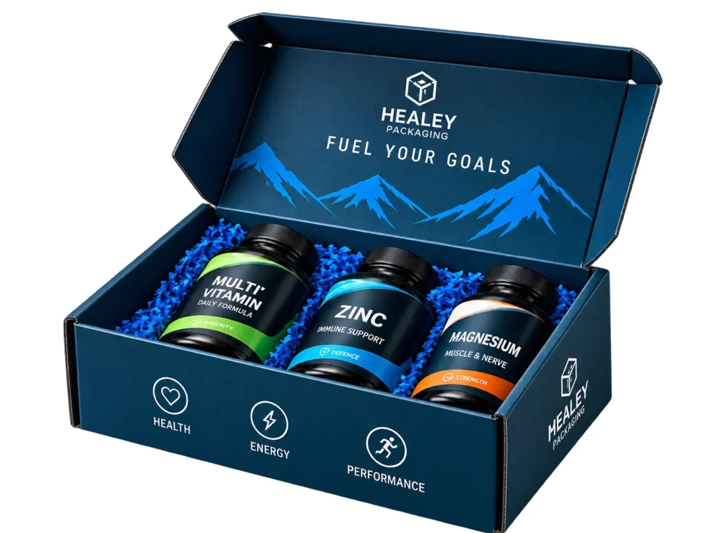 Custom supplement packaging box holding vitamin bottles