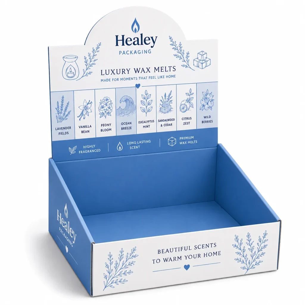 Printed wax melt display box for retail presentation