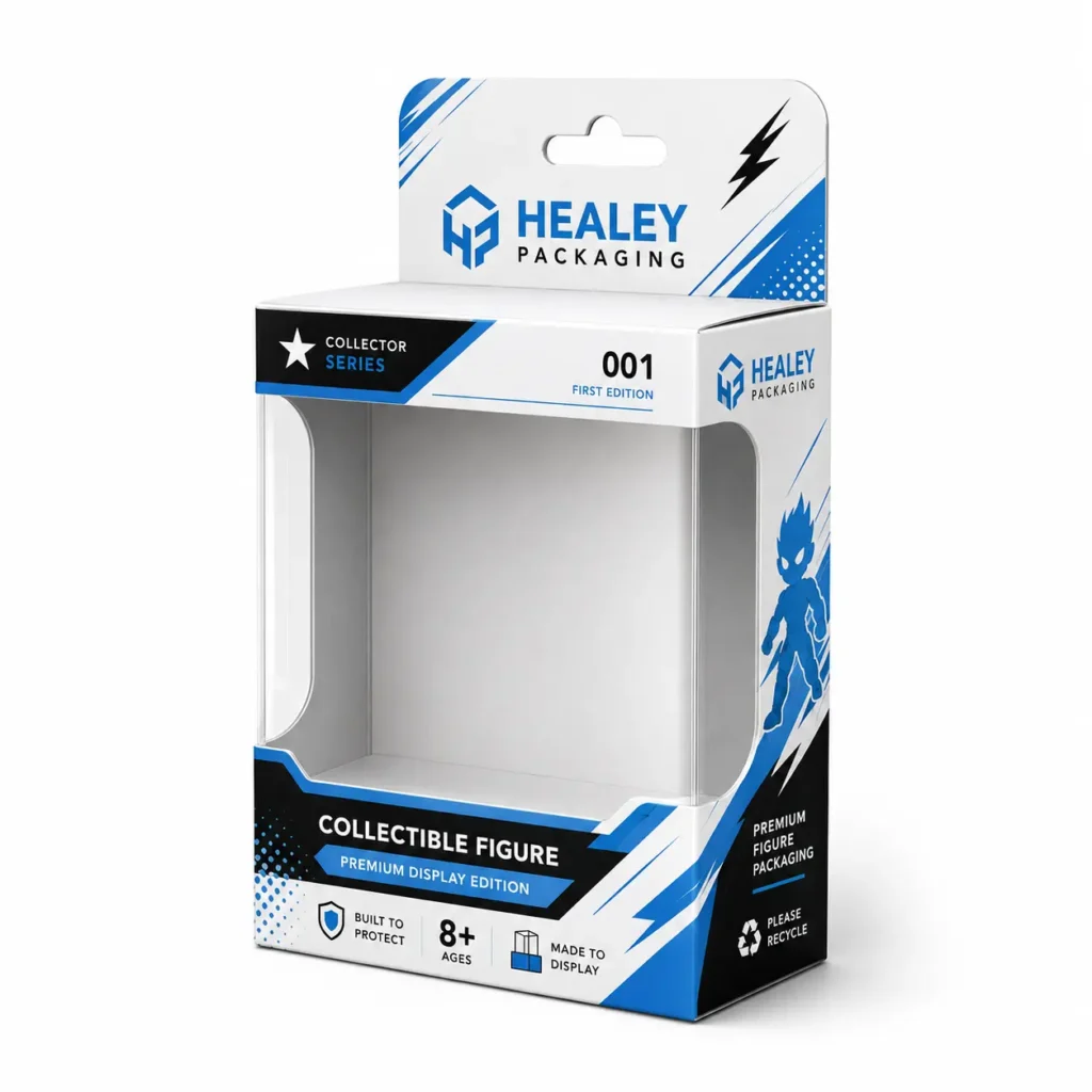 White action figure packaging box with a clear display window and hanging tab.