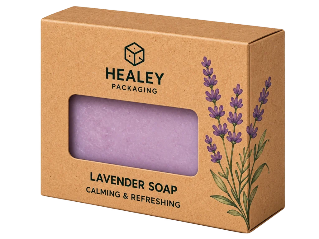 Kraft soap box with window for lavender soap display